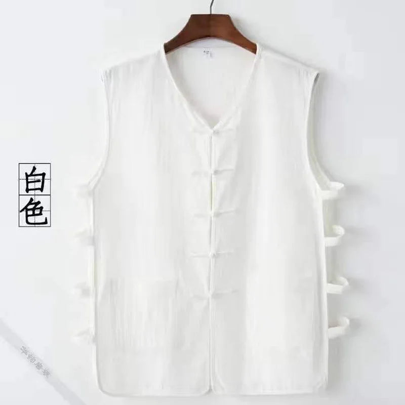 Chinese Style Flax Vest for Men - V-Neck Solid Color Frog Closure Sweatshirt Yoga Shop 2018