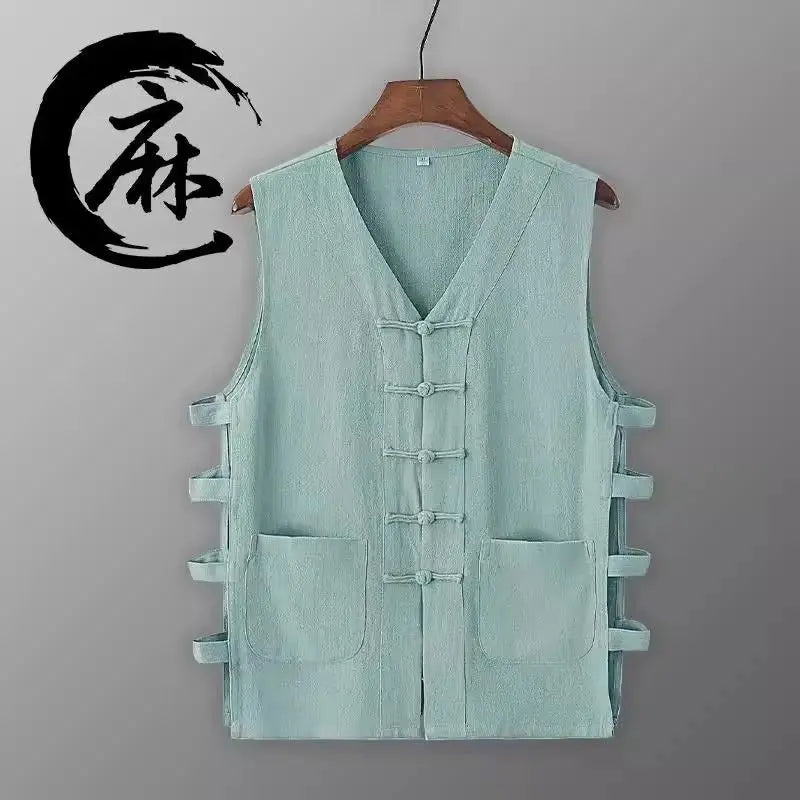 Chinese Style Flax Vest for Men - V-Neck Solid Color Frog Closure Sweatshirt Yoga Shop 2018