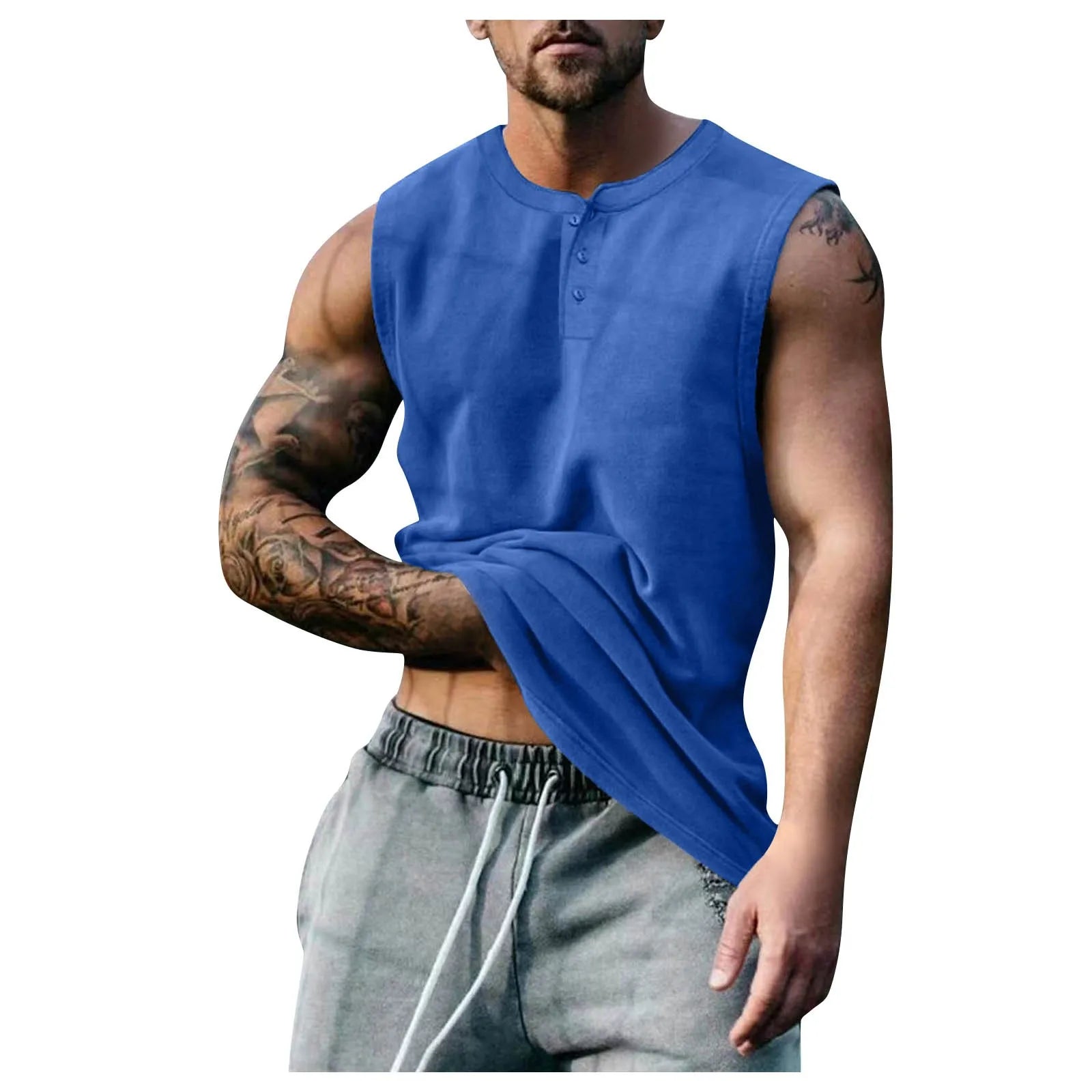 Men Solid Color Round Neck Buckle Sleeveless Vest Yoga Shop 2018