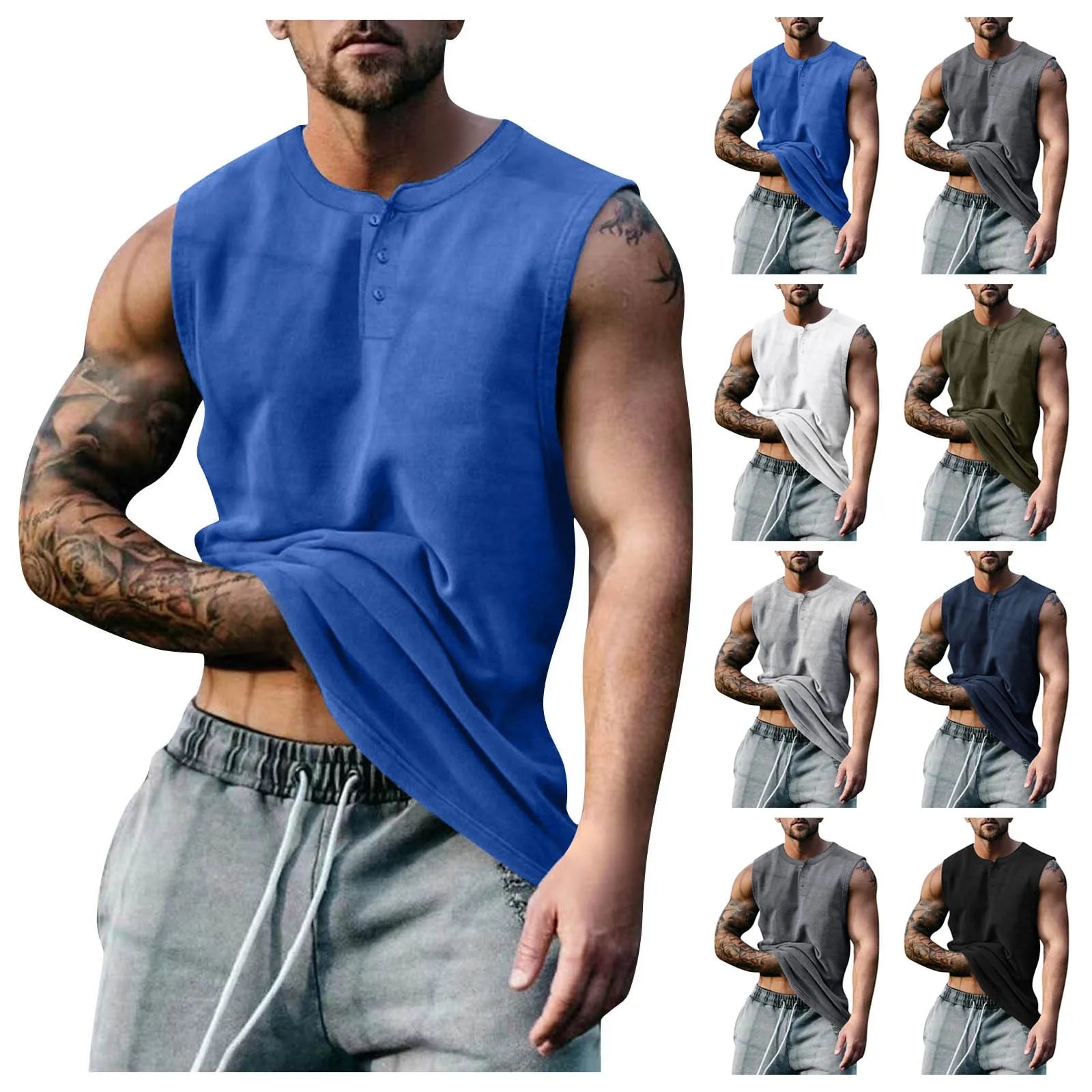 Men Solid Color Round Neck Buckle Sleeveless Vest Yoga Shop 2018