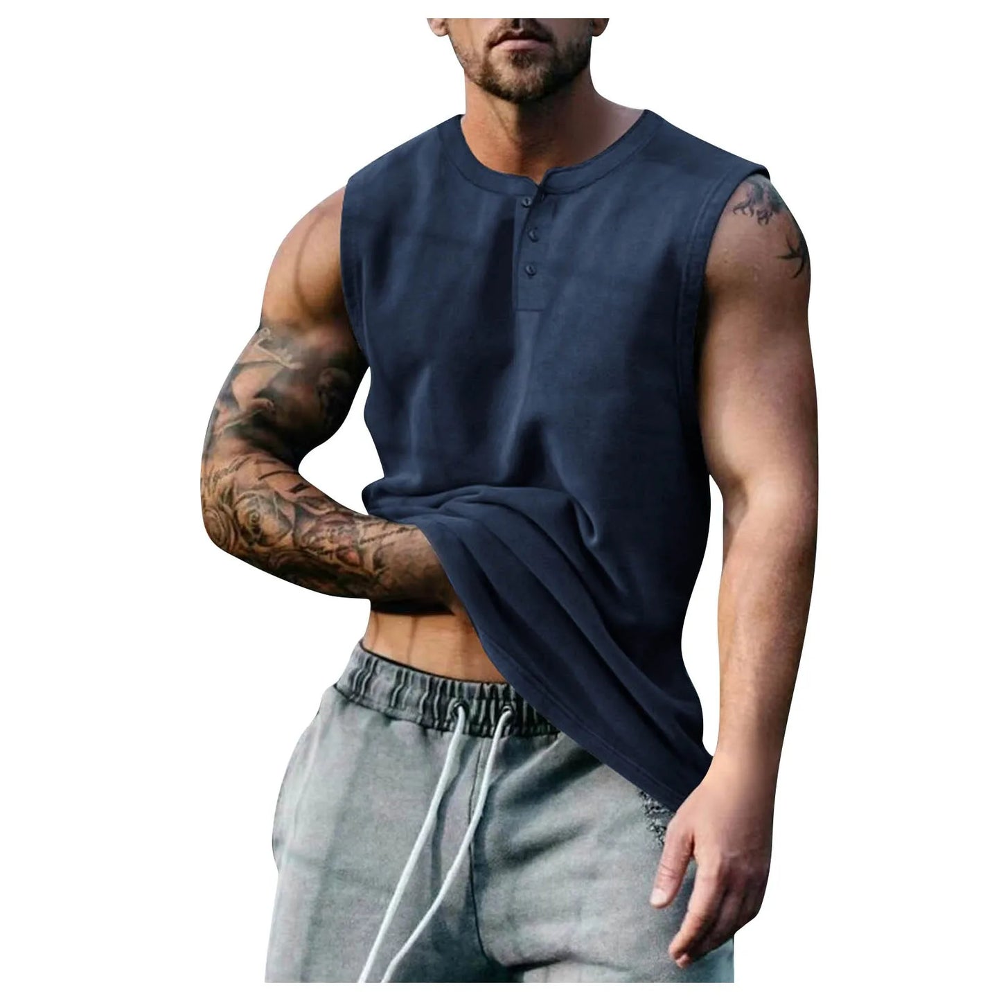 Men Solid Color Round Neck Buckle Sleeveless Vest Yoga Shop 2018