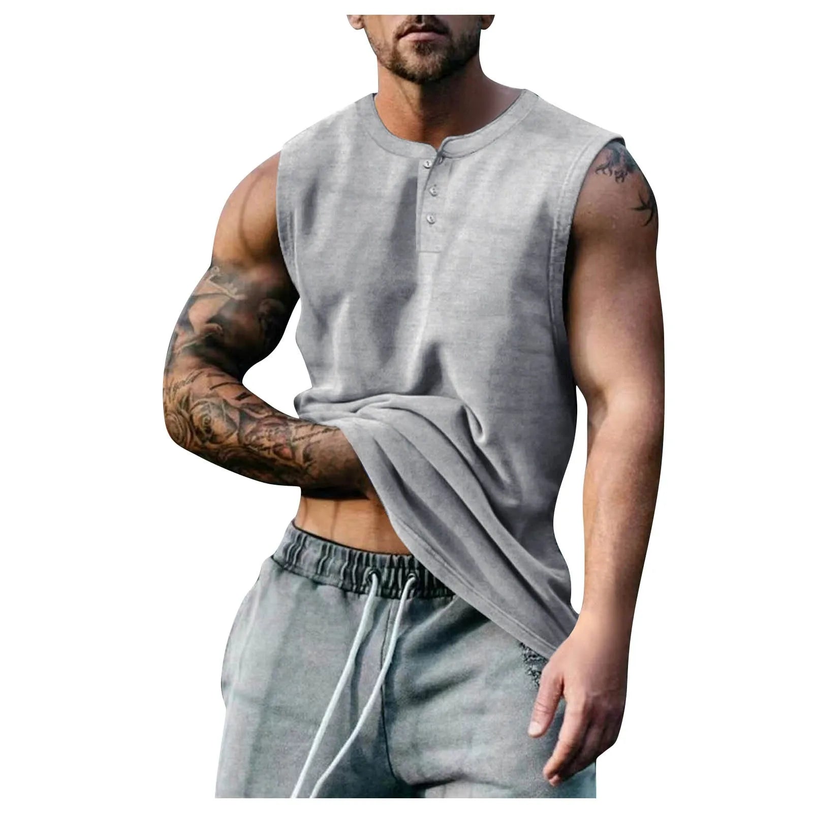 Men Solid Color Round Neck Buckle Sleeveless Vest Yoga Shop 2018