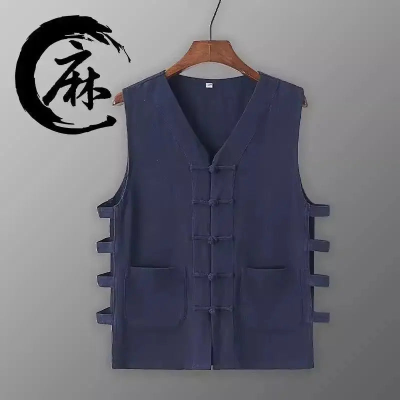 Chinese Style Flax Vest for Men - V-Neck Solid Color Frog Closure Sweatshirt Yoga Shop 2018