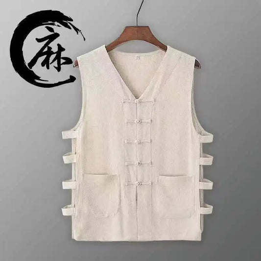 Chinese Style Flax Vest for Men - V-Neck Solid Color Frog Closure Sweatshirt Yoga Shop 2018