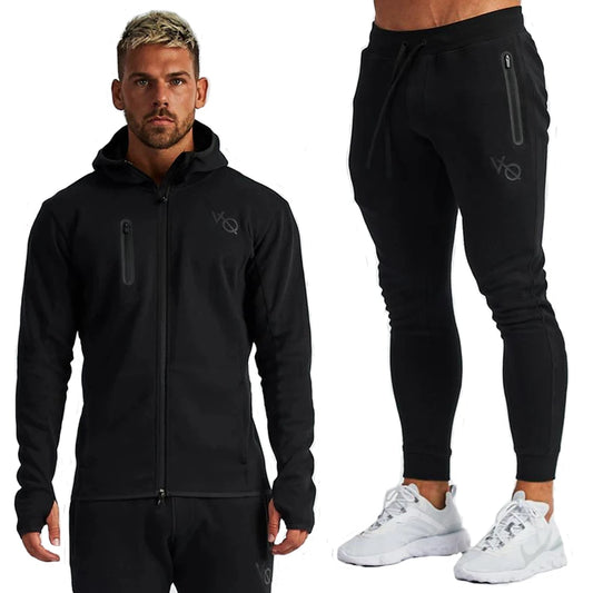 Men's Cotton Gym Training Set: Zipper Hoodie, Pants, Black. Yoga Shop 2018