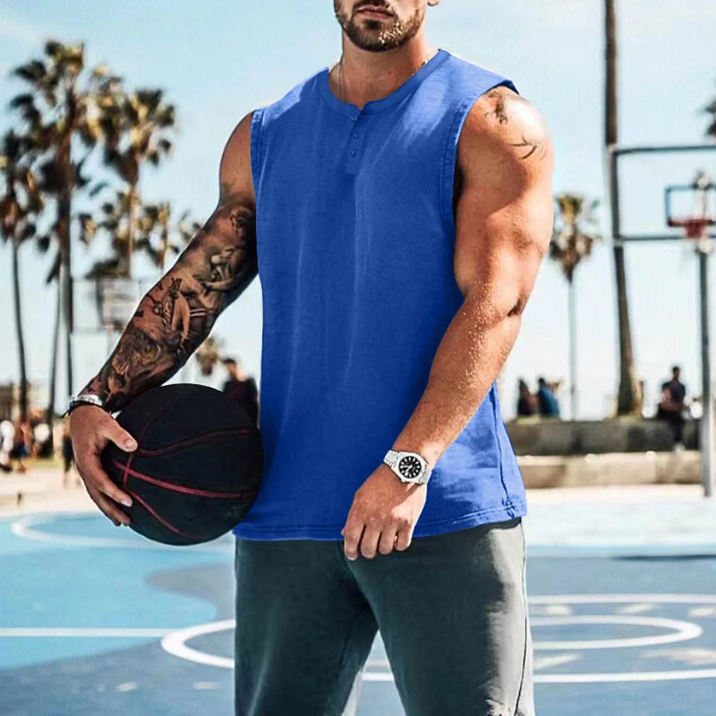 Men Solid Color Round Neck Buckle Sleeveless Vest Yoga Shop 2018