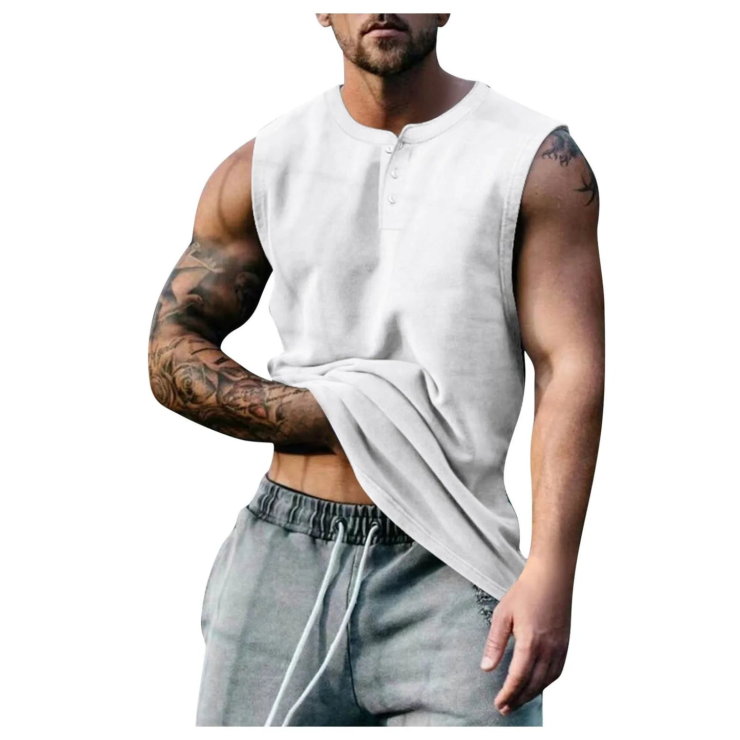 Men Solid Color Round Neck Buckle Sleeveless Vest Yoga Shop 2018