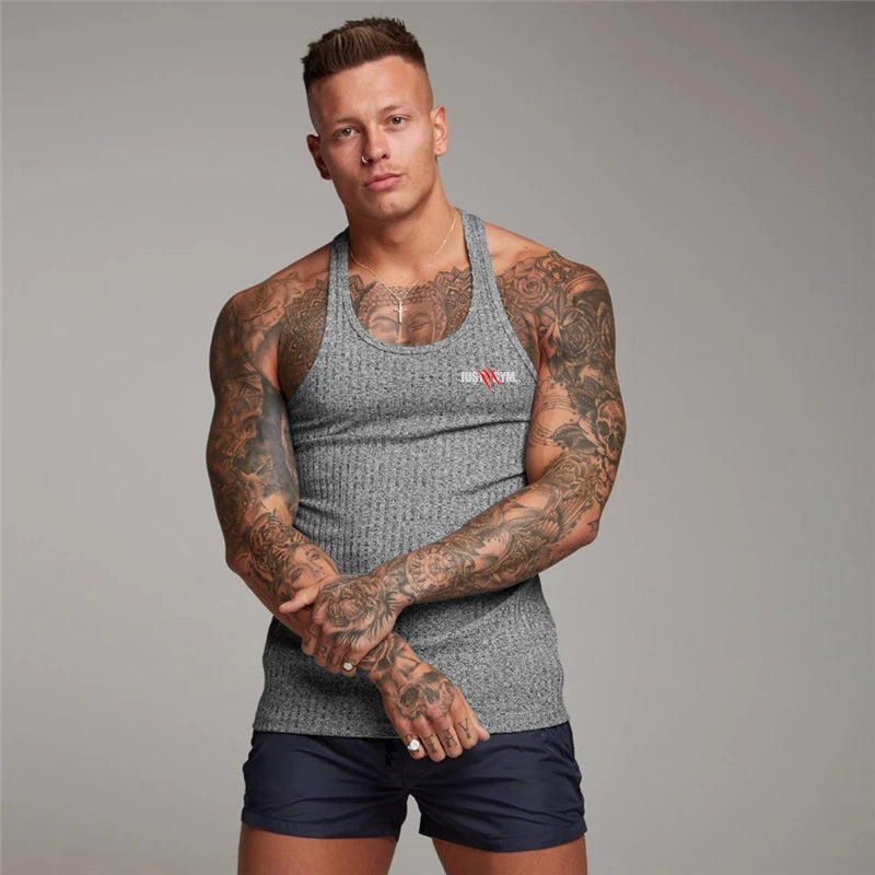 Men's Knitted Vertical Stripe Tank Top - Quick Dry, Sleeveless Gym Vest Yoga Shop 2018