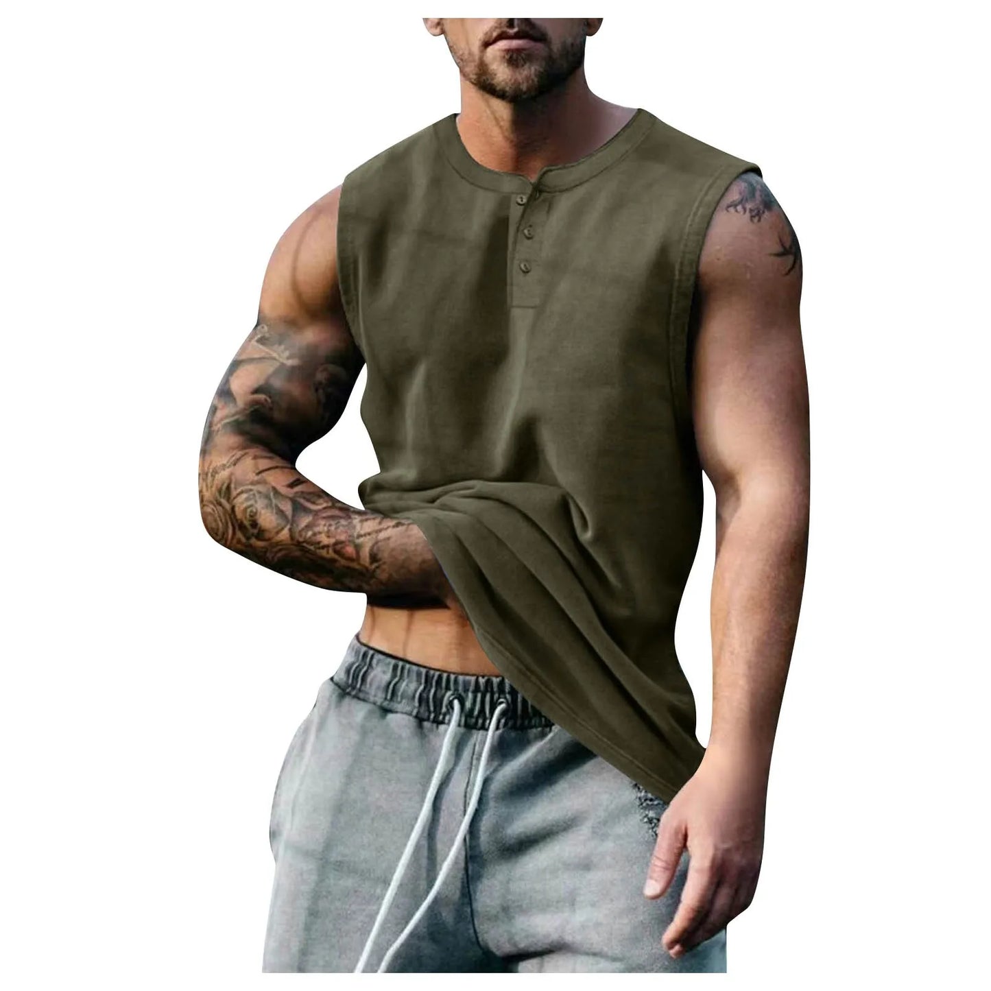 Men Solid Color Round Neck Buckle Sleeveless Vest Yoga Shop 2018