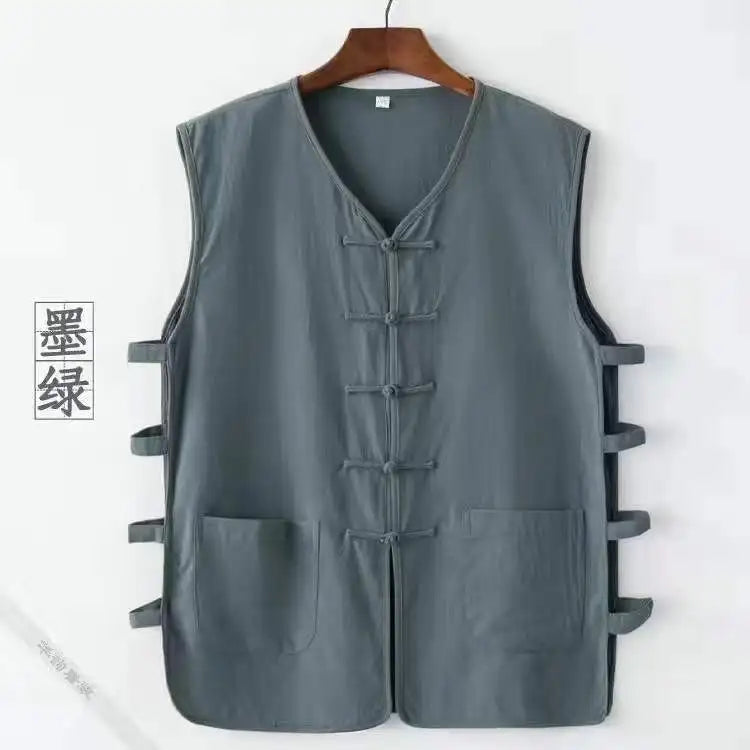 Chinese Style Flax Vest for Men - V-Neck Solid Color Frog Closure Sweatshirt Yoga Shop 2018